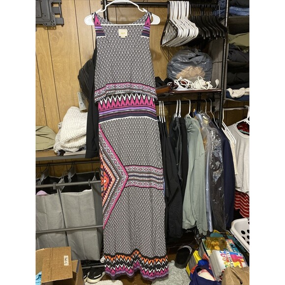 Maeve Anthropologie Overlay Maxi Dress Black Pink Ikat Geometric Print-Sz Medium - Picture 1 of 9